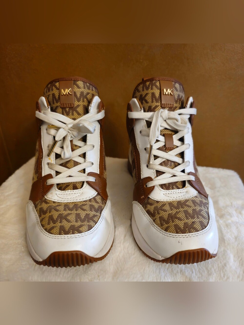 Michael Kors Brown & White MK Logo Wedge Sneakers